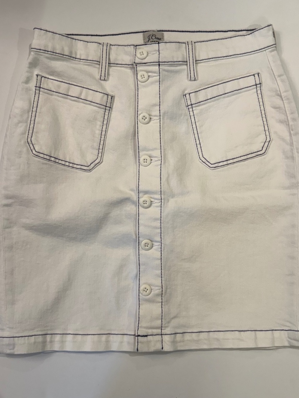 J. Crew Denim white button front skirt with navy stitching, Size 29 NWT